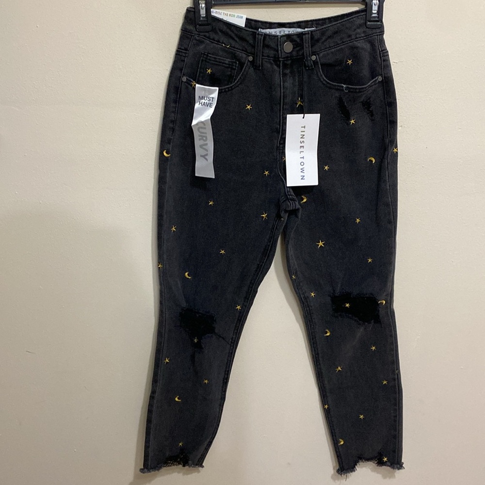 Tinseltown MOM JEANS WITH STARS AND MOONS- DISTRESSED